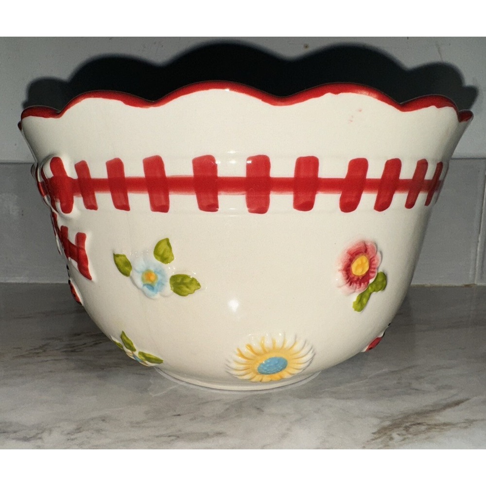 Temp-Tations Gingham Garden Lady Bug Flowers Mixing Bowl 2 Qt RARE! HTF! - Picture 4 of 6